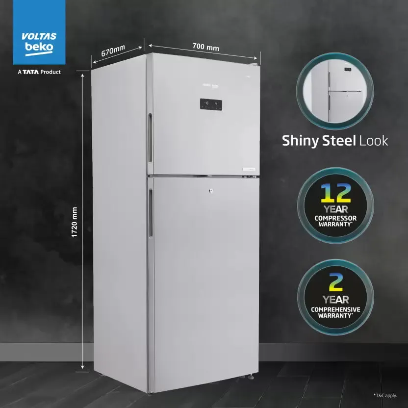 Voltas Beko RFF4653XPCF 432 L Frost Free Double Door Top Mount 2 Star Refrigerator  (PET INOX)