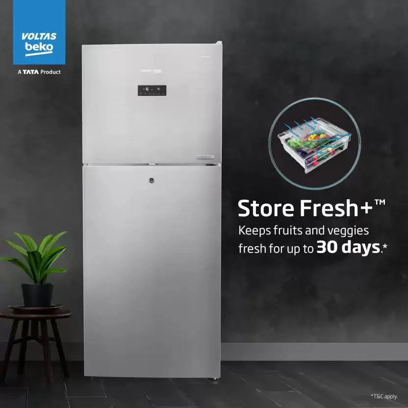 Voltas Beko RFF4653XPCF 432 L Frost Free Double Door Top Mount 2 Star Refrigerator  (PET INOX)